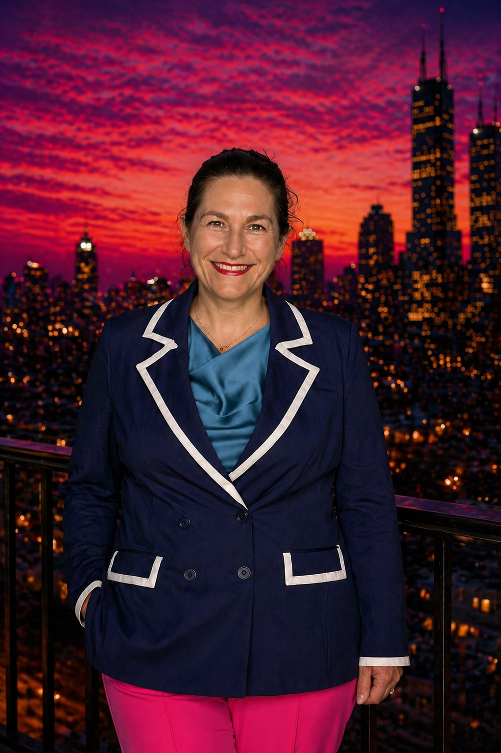 Joy St. John against an illuminated city skyline